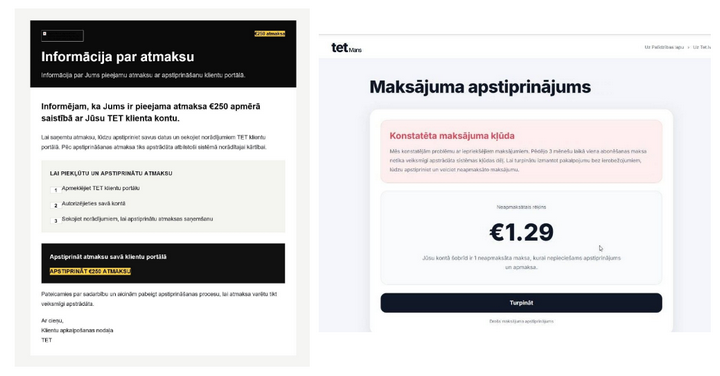 Attēlā uzņēmuma “Tet” vārdā izplatīta krāpnieciska īsziņa ar saiti uz viltus vietni, lai izvilinātu personas un maksājumu kartes datus.