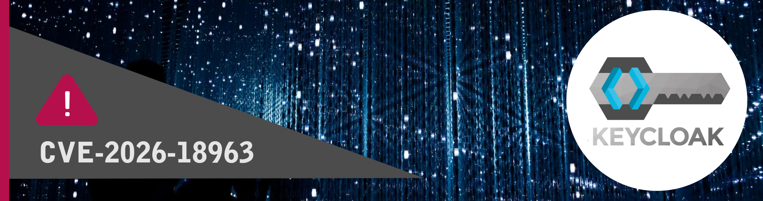 Attēlā norādīts ievainojamības CVE kods un KeyCloak logo